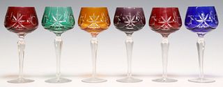 (6) BOHEMIAN COLORED CUT TO CLEAR GLASS WINE STEMS