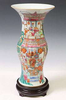 CHINESE FIGURAL GU VASE WITH STAND