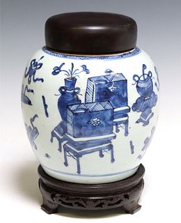 CHINESE BLUE & WHITE 'HUNDRED ANTIQUES' JAR