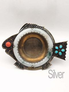 Silver & Jade Libation Cup Fish Shaped