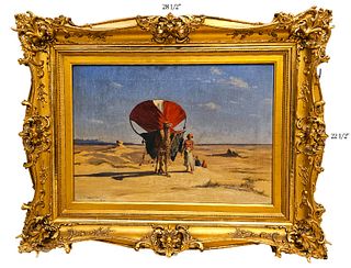 Oil On Canvas Orientalist 'Desert Caravan' Signed On Lower Left