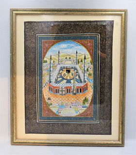 An Islamic Painting of the Ka'aba with Buildings and Mountains Surrounding. 

With Frame: 
Height: Approximately 48cm
Length: Approximately 40cm 