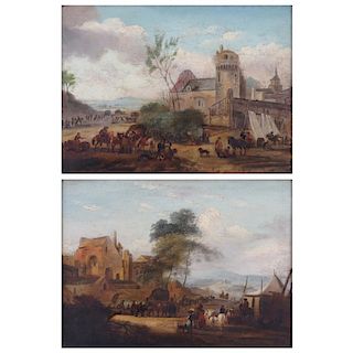 Follower of Philips Wouwerman, Dutch (1619-1668) Pair of oil on panels both depicting "Encampment On Castle Grounds" One sign