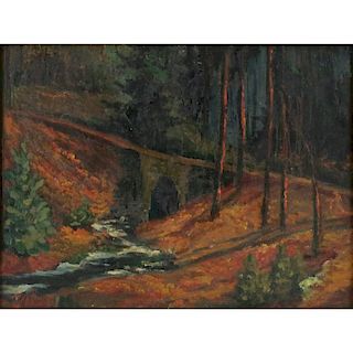 Attributed to: Martiros Sarian, Armenian (1880-1972) oil on artists board "Forest Bridge" Signed lower left