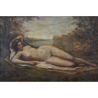 19/20th Century Oil on Canvas, Reclining Nude in Landscape