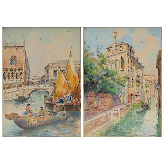 Raffaele Mainella, Italian (1858 - 1907) Pair watercolors "Venice Canal" Signed lower left