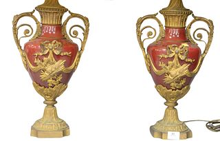 Pair of French Red and Gilt Urns