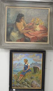 Two Oil Paintings of Women and Flowers