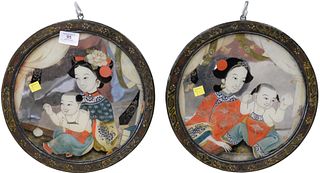 Pair of Chinoiserie Reverse Mirrored Glass Figural Paintings