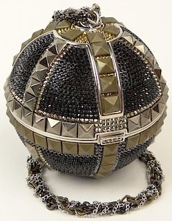 Brand New Judith Leiber Black Crystal Pyramid Studded Sphere Disco Holiday Ball Clutch Minaudière Evening Bag with 18 Inch C