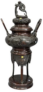 Large Chinese Bronze Dragon Covered Urn