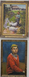 Four Piece Group of 20th Century Oil Portraits and Mirror to Include: