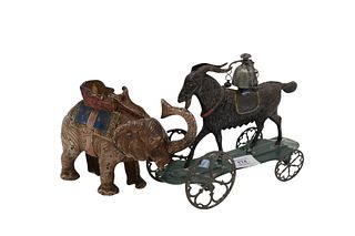Elephant Figure along with Tin Goat Set on Wheels