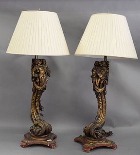 Pair of Neoclassical Gilt and Carved Wood Lamps