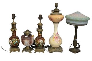 Group of Five Porcelain and Brass Lamps