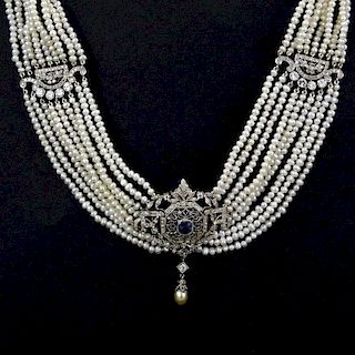 5.0 Carat Diamond, 1.0 Carat Sapphire, Pearl, 18 Karat Yellow Gold and Platinum Necklace.