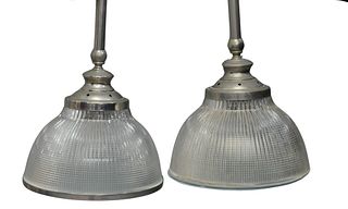 Set of Six Contemporary Industrial Style Chrome and Glass Ceiling Lights