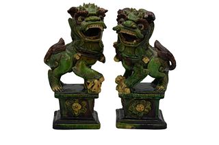 Pair Sancai Glazed Green Foo Dogs on Pedestal Bases
