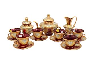 15 Piece Venetian Murano Ruby Red and Gilt Tea Set to Include