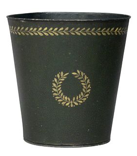 Green Tole and Gilt Laurel Decorated Waste Bin