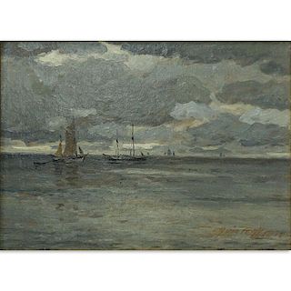Victor Hugo Vilhelm Qvistorff, Danish (1883  - 1953) Oil on masonite "Sailing Ships On A Gray Day" Signed and dated 1930 lowe