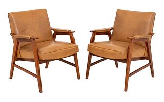Mid-Century Modern Style Vinyl & Wood Chairs, Pair