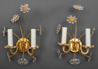 Palwa Modern Gilt Brass & Glass Floral Sconces, Pr