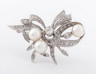 14K White Gold Diamond Pearl Brooch Pendant