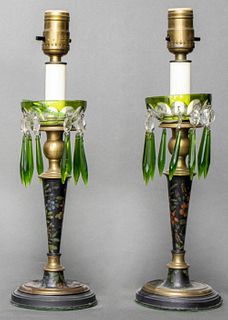 English Painted Green Glass Luster Lamps, Pair