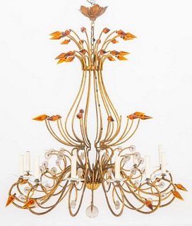 Italian Mid-Century Gilt Metal & Glass Chandelier