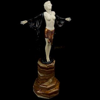 After: Ferdinand Preiss, German (1882-1943) "Nude" Painted Bronze and Ivory Figure on Onyx Base