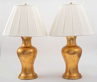 Modern Gold-Tone Table Lamps, Pair