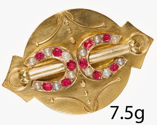 ANTIQUE VICTORIAN RUBY AND PEARL DOUBLE HORSE SHOE BROOCH