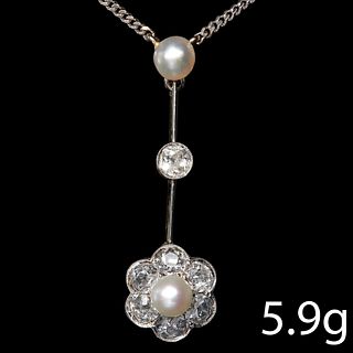 EDWARDIAN PEARL AND DIAMOND CLUSTER DROP PENDANT NECKLACE