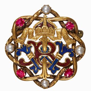 FINE ANTIQUE ENAMEL RUBY AND PEARL ROYAL BROOCH