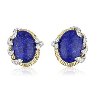 Vintage Lapis Lazuli and Diamond Earclips, French