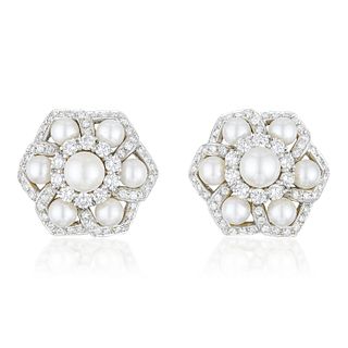 Pearl and Diamond Flower Earclips