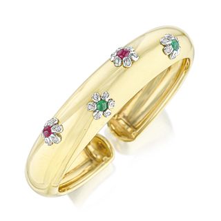 Ruby Emerald and Diamond Gold Flex Cuff Bracelet, Italian
