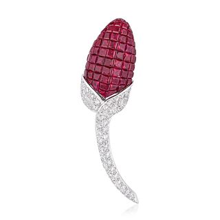 Invisibly-Set Ruby Flower Pin