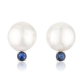 Mabe Pearl and Sapphire Earclips