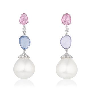 Multi Colored Sapphire Pearl and Diamond Earrings
