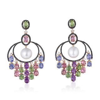 Multi-Colored Sapphire Diamond and Cultured Pearl Earrings