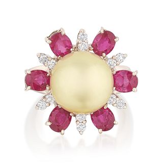 Pearl Ruby and Diamond Floral Ring