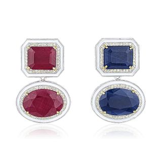 Ruby Sapphire and Diamond Enamel Earrings