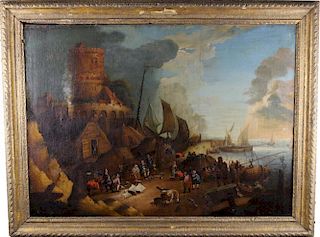 Large Old Master Harbor Scene w/ Figures, 17th C.
