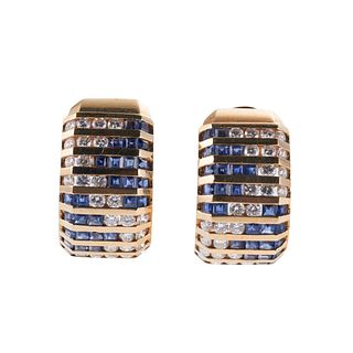 1980s 18k Gold Diamond Sapphire Hoop Earrings