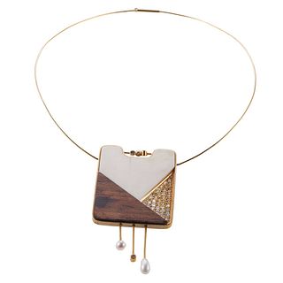 Rene Kern 1970s Gold Wood Diamond Pearl Pendant Necklace