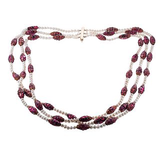 Mughal Gold Pearl Ruby Multi Strand Necklace
