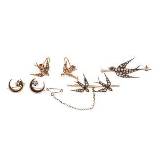 Antique 14k Gold Pearl Diamond Swallow Bird Earrings Brooch Lot 