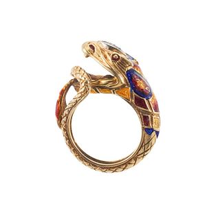 18k Gold Diamond Enamel Snake Cobra Ring 
